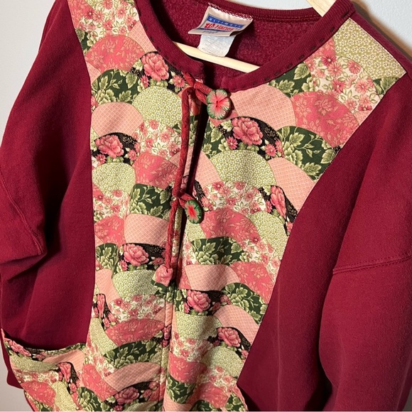 Vtg Reworked Crewneck Quilted Open Cardigan Size L Burgundy Fleece Sweatshirt - Picture 2 of 8